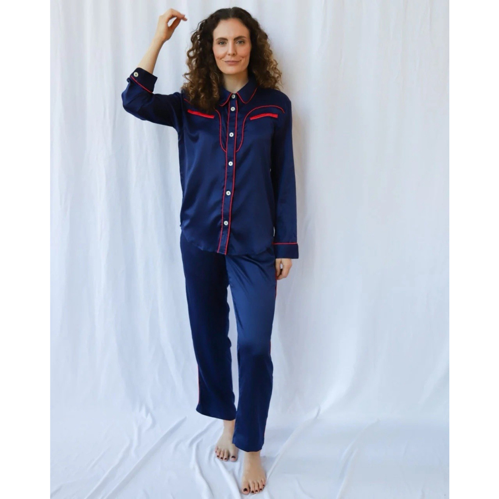 West Of Breakfast The Western One Satin Silky Pajama Set Admiral Navy Small